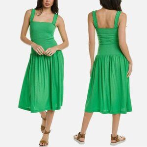 Nation LTD. Gabby Midi Dress Medium Green Cotton Sundress Smocked Bodice & Strap